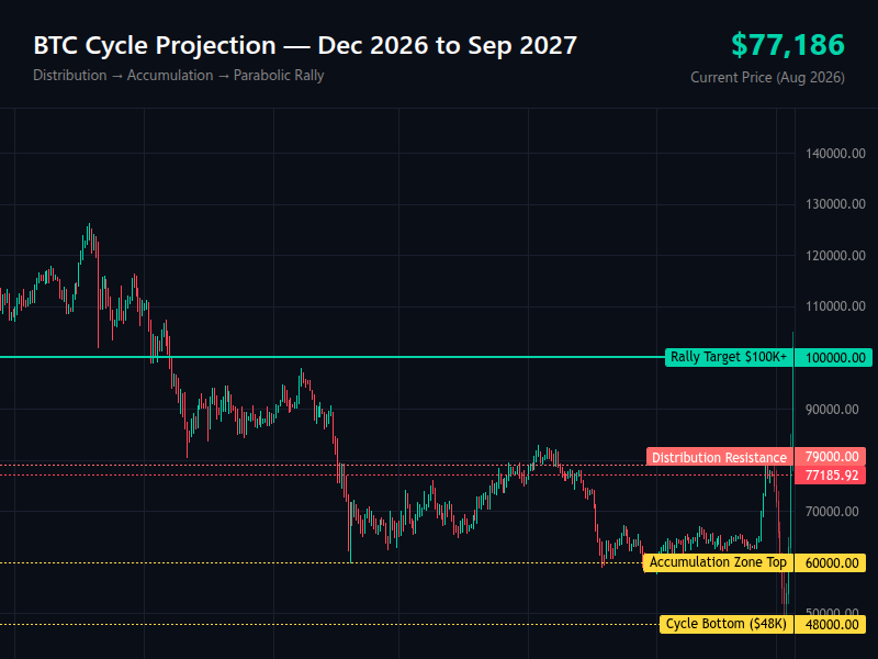 BTC Cycle Projection — Distribution → Accumulation → Parabolic Rally
